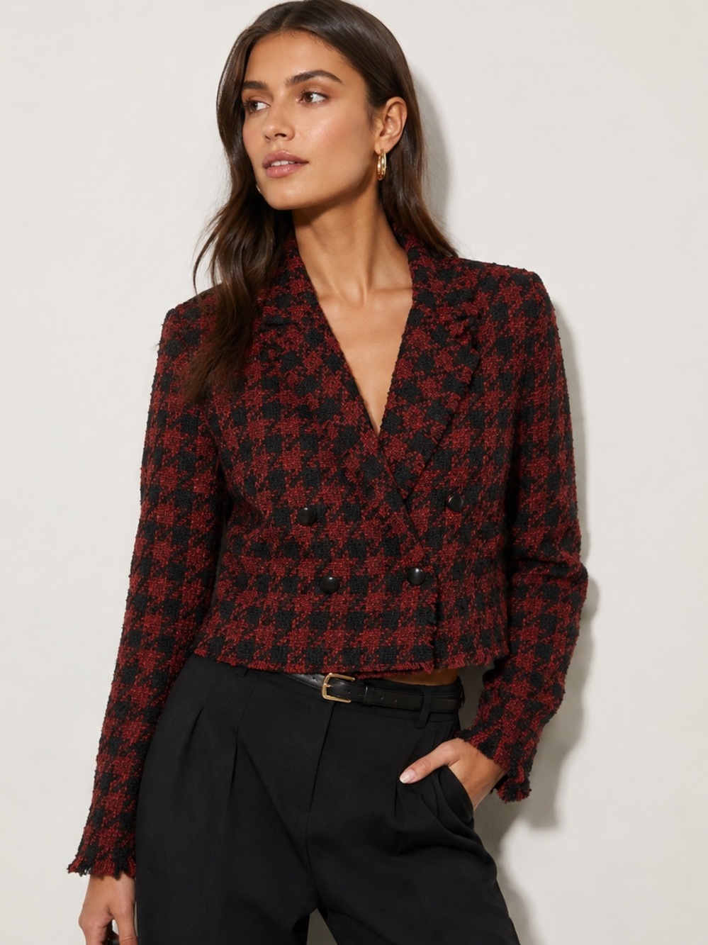 House of Harlow 1960 Brown Plaid Print Tweed Blazer